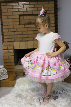 Детска рокля в розово с къс ръкав с Понито Еднорог в комплект с панделка за коса