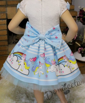 Детска рокля с къс ръкав с Пони в комплект с панделка за коса в светлосиньо