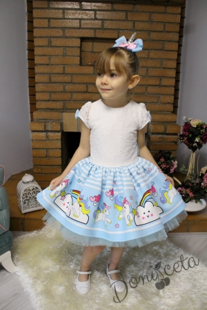 Детска рокля с къс ръкав с Пони в комплект с панделка за коса в светлосиньо