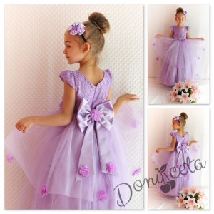 Официална детска дълга рокля в лилаво с 3D цветя Лина
