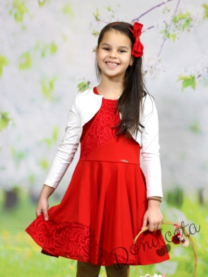 Комплект от официална детска рокля  Ара в червено с дантела от едната страна с болеро в бяло