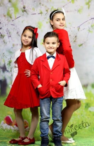 Комплект от официална детска рокля  Ара в червено с дантела от едната страна с болеро в бяло