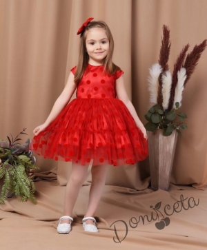 Официална детска рокля Ади в червено с тюл в комплект с панделка в червено