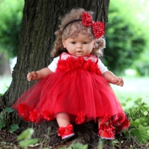 Официална детска/бебешка рокля с тюл в червено с 3D розички