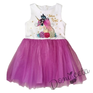 Детска рокля  без ръкав с Еднорог и тюл в лилаво