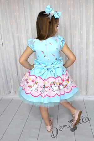Детска рокля с къс ръкав с Еднорог в комплект с панделка за коса в светлосиньо