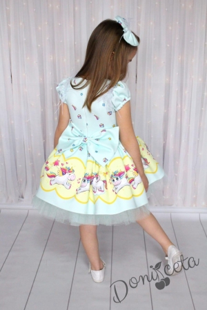 Детска официална рокля с къс ръкав с еднорог/пони в комплект с панделка за коса в тюркоаз/мента