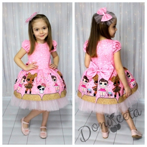 Детска рокля с къс ръкав с Лол в комплект с панделка за коса в розово