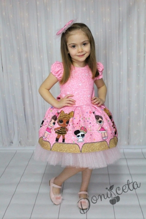 Детска рокля с къс ръкав с Лол в комплект с панделка за коса в розово