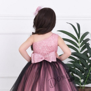 Официална детска дълга рокля  в пепел от рози с пайети и тюл с панделка за коса