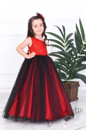 Официална детска дълга рокля  в червено с пайети и тюл с панделка за коса