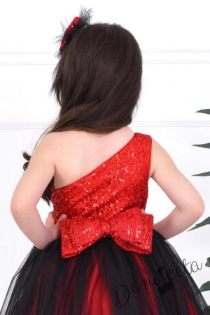 Официална детска дълга рокля  в червено с пайети и тюл с панделка за коса