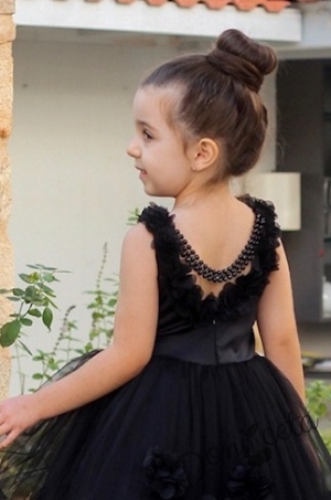 Официална детска дълга рокля  в черно с шлейф  и 3D розички 