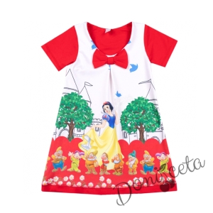 Детска рокля с къс ръкав в червено със Снежанка и седемте джуджета