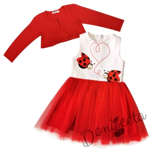 Комплект от детска рокля без ръкав на калинки с червен тюл с болеро