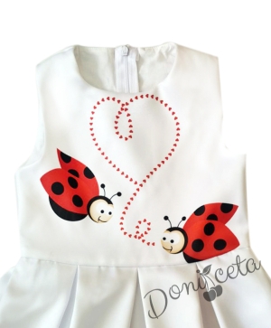 Комплект от детска рокля Калинка без ръкав в бяло на калинки с червено болеро