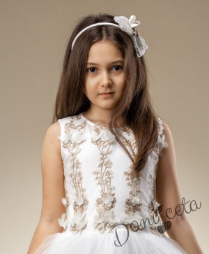 Официална детска рокля с тюл в екрю и златисто в горната част Ахинора с тюл и дантела 