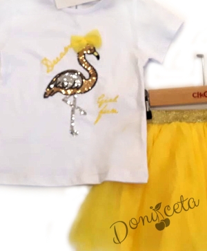 Комплект от 2 части от пола в жълто и блуза с къс ръкав с фламинго