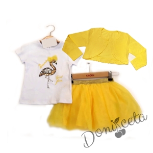 Комплект от 3 части пола в жълто, блуза с къс ръкав с фламинго и болеро