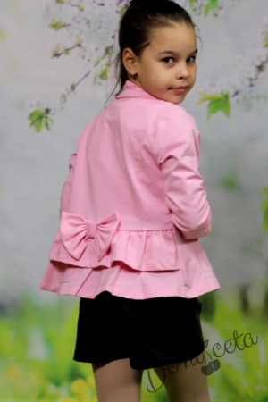 Комплект от къси кожени панталони за момиче в черно с памучно сако в розово