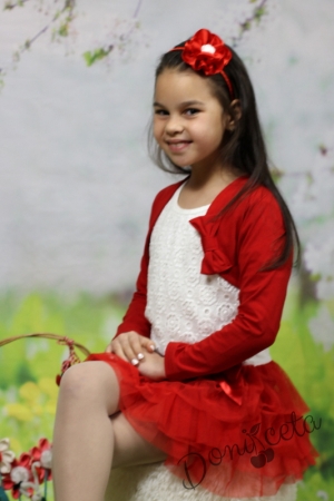 Детска рокля с дълъг ръкав с червен тюл с памучно болеро в червено
