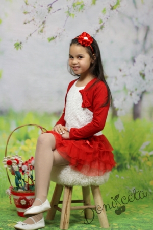 Детска рокля с дълъг ръкав с червен тюл с памучно болеро в червено
