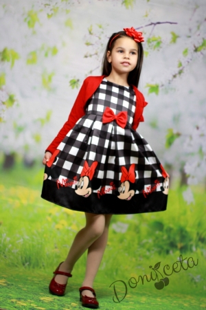 Детска рокля с къс ръкав каре с Мини Маус с болеро в червено