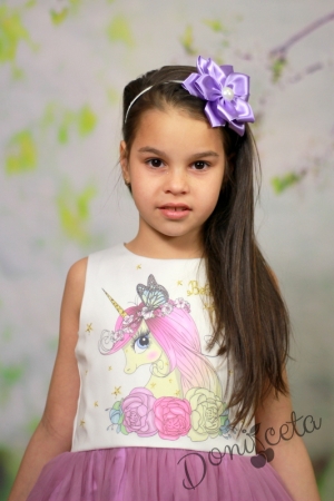 Детска рокля  без ръкав с  пони/еднорог и тюл в лилаво
