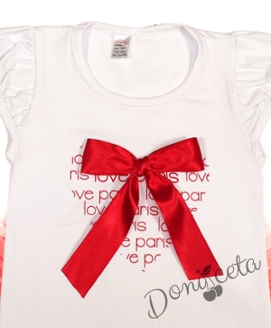 Детски комплект от 2 части -тениска/блузка с къс ръкав със сърце и сатенена панделка отпред и туту пола в червено