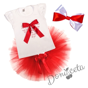 Детски комплект от 3 части - тениска/блузка с къс ръкав със сърце и сатенена панделка отпред,туту пола в червено и диадема
