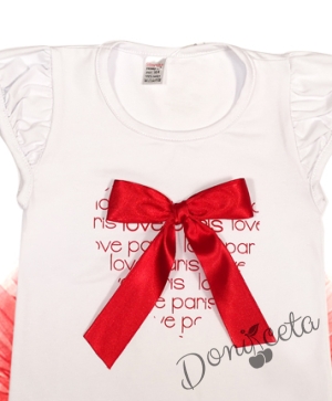 Детски комплект от 4 части - тениска/блузка с къс ръкав със сърце и сатенена панделка отпред,диадема,туту пола и болеро в червено