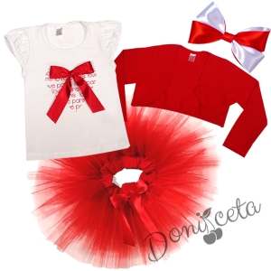 Детски комплект от 4 части - тениска/блузка с къс ръкав със сърце и сатенена панделка отпред,диадема,туту пола и болеро в червено