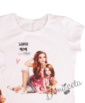 Дамска тениска/блузка с къс ръкав в бяло "Super Mom" от колекция "Майки и дъщери"