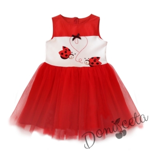 Детска рокля без ръкав Ина  в бяло и червено на калинки с червен тюл
