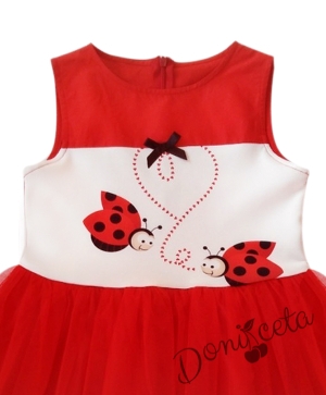Детска рокля без ръкав Ина  в бяло и червено на калинки с червен тюл