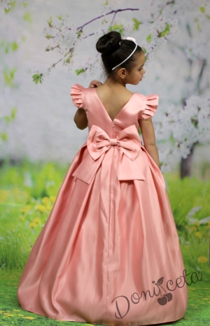 Официална дълга детска рокля в прасковено с къс ръкав и обръч