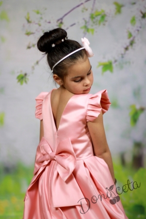 Официална дълга детска рокля в прасковено с къс ръкав и обръч