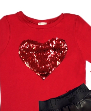 Комплект от кожена пола в черно и блузка със сърце от пайети в червено