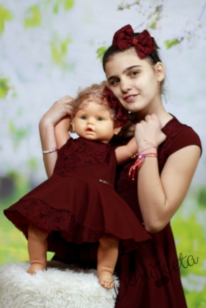 Официална бебешка/детска рокля Инна в бордо с дантела от едната страна