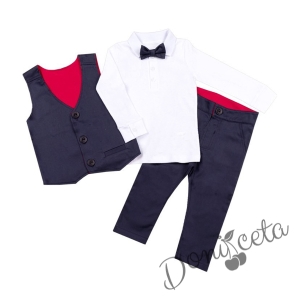 Детски комплект за момче от 3 части с панталонки, елек и риза с папийонка
