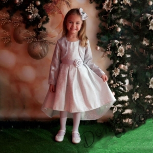 Официална детска рокля в сребристо с болеро с голяма панделка отзад