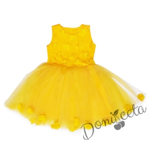Празнична/официална детска рокля с тюл Мона в жълто с 3D розички и голяма панделка отзад