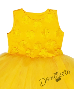 Празнична/официална детска рокля с тюл Мона в жълто с 3D розички и голяма панделка отзад