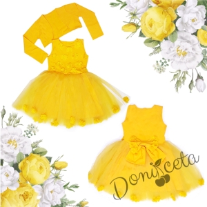 Празнична/официална детска рокля с тюл Мона в жълто с 3D розички и с болеро