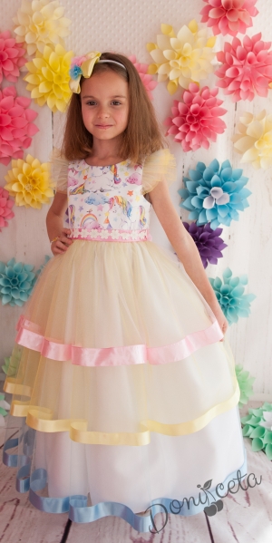 Официална детска дълга рокля  Мели с Еднорог с жълт тюл