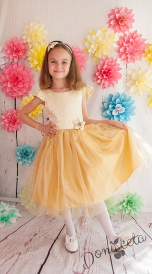 Официална детска рокля Никол в златисто с тюл и голяма панделка