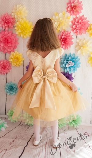 Официална детска рокля Никол в златисто с тюл и голяма панделка