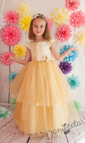 Официална детска дълга рокля Анита в златисто с голяма панделка