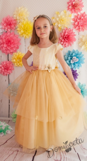 Официална детска дълга рокля Анита в златисто с голяма панделка