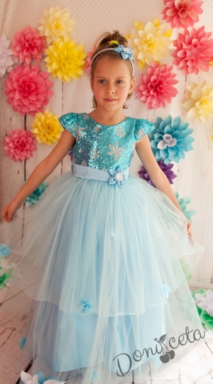 Официална детска дълга рокля Преслава в светлосиньо с блясък с голяма панделка отзад